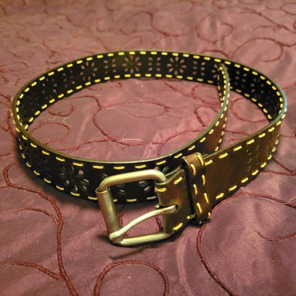Faux Leather Belt, Brown, Floral Design